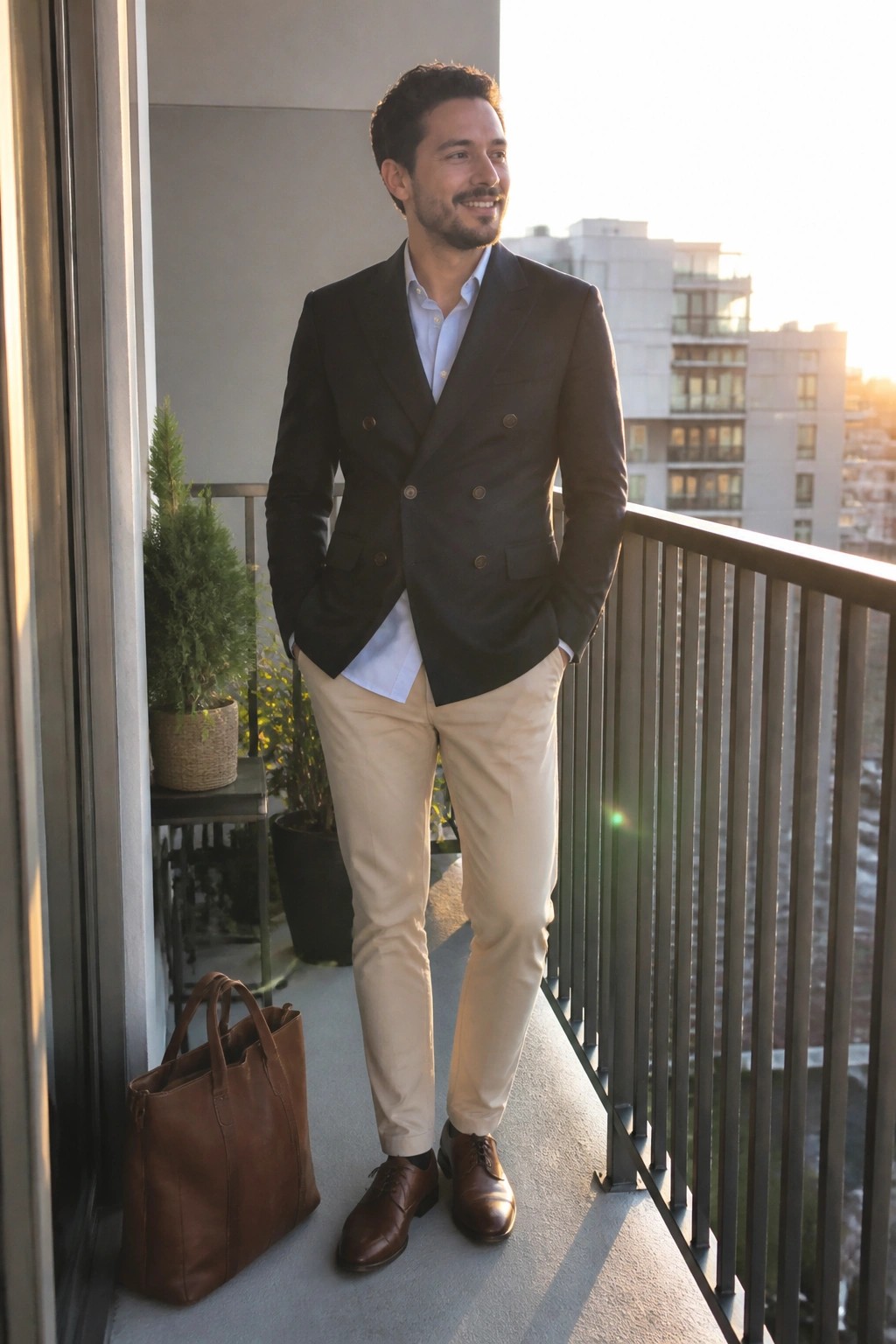 Man in dark double-breasted blazer and beige pants on city balcony with leather tote.