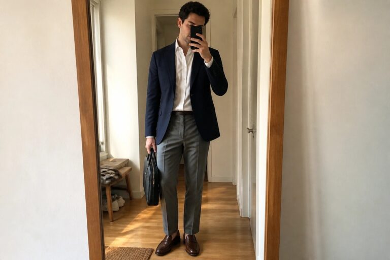 20 Elevated Men’s Office Outfits Built Around Clean Tailoring Man in navy blazer, white shirt, and gray pants taking mirror selfie with bag