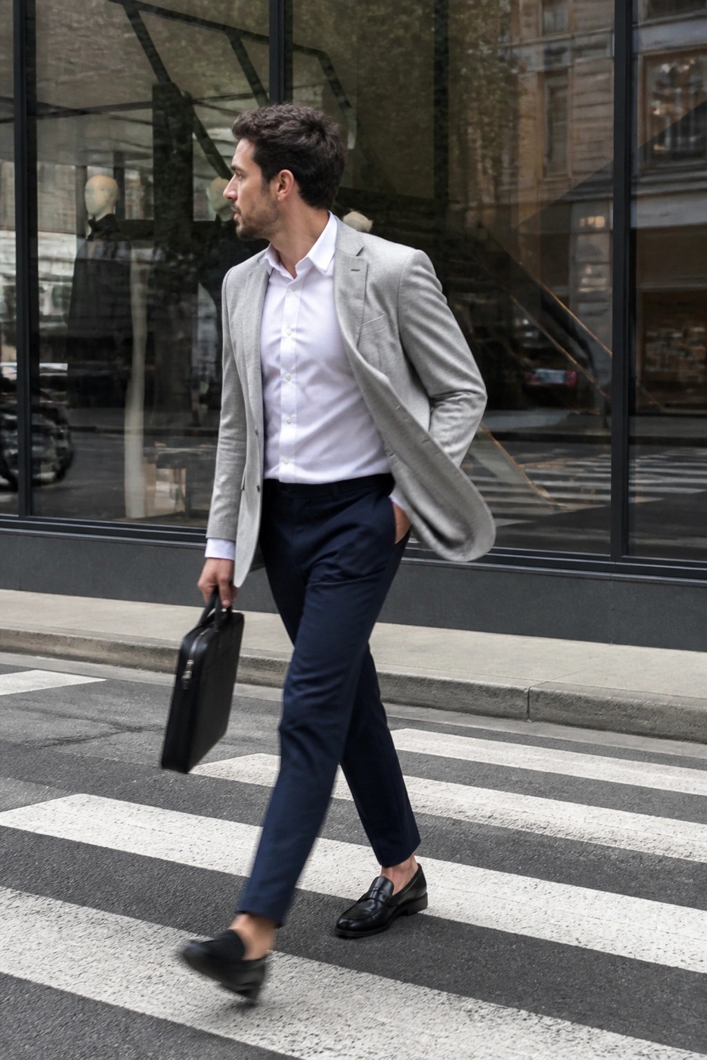 Man in gray blazer and navy pants crosses street holding black briefcase