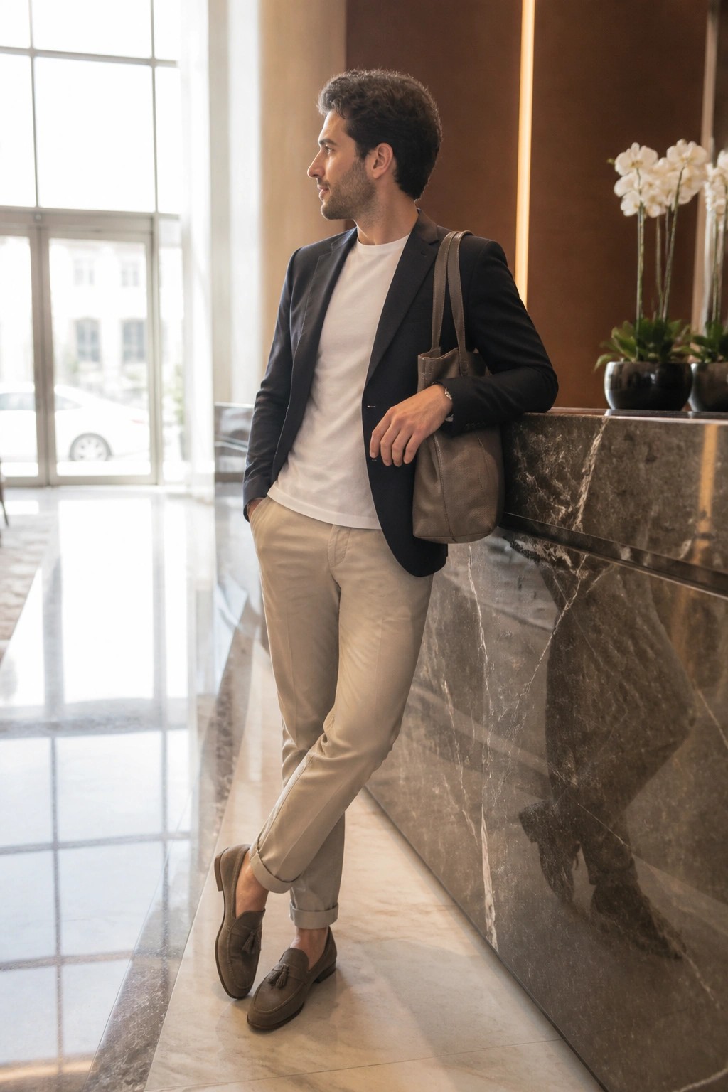 Man in navy blazer and beige pants leaning on marble counter with leather bag