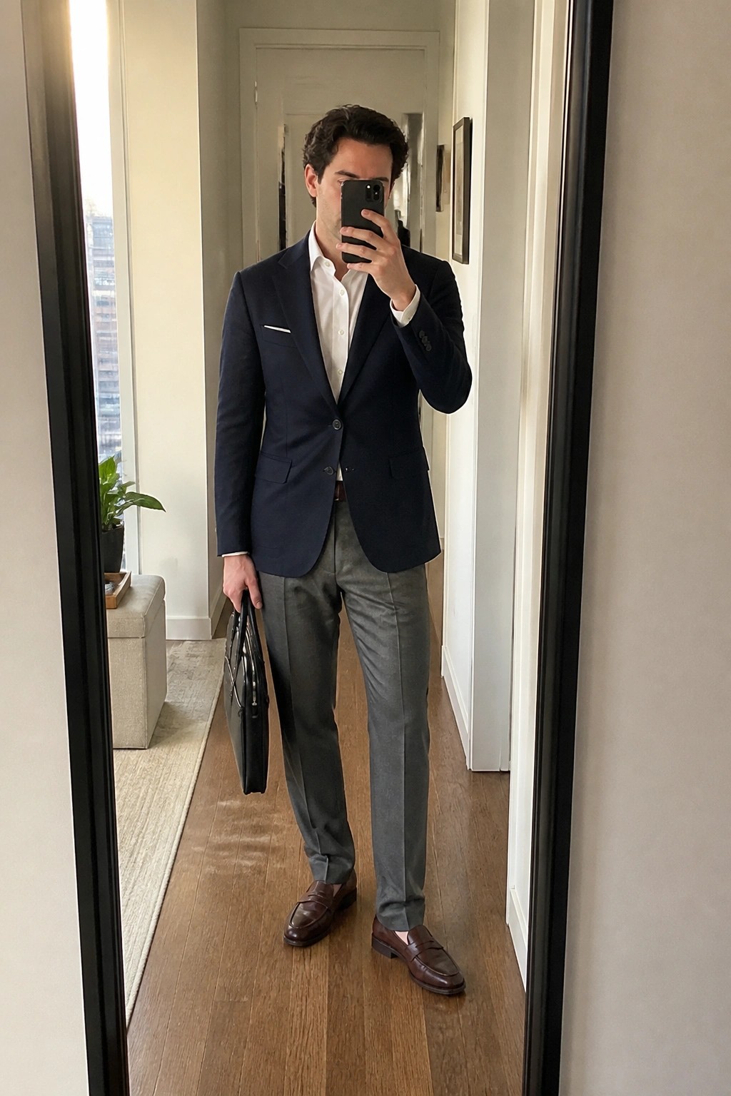 Man in navy blazer, white shirt, and gray pants taking mirror selfie with bag