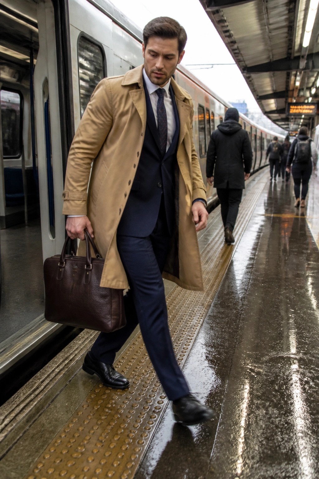 Man stepping from train wearing navy suit, white shirt, patterned tie, open tan trench coat, and holding brown leather briefcase.