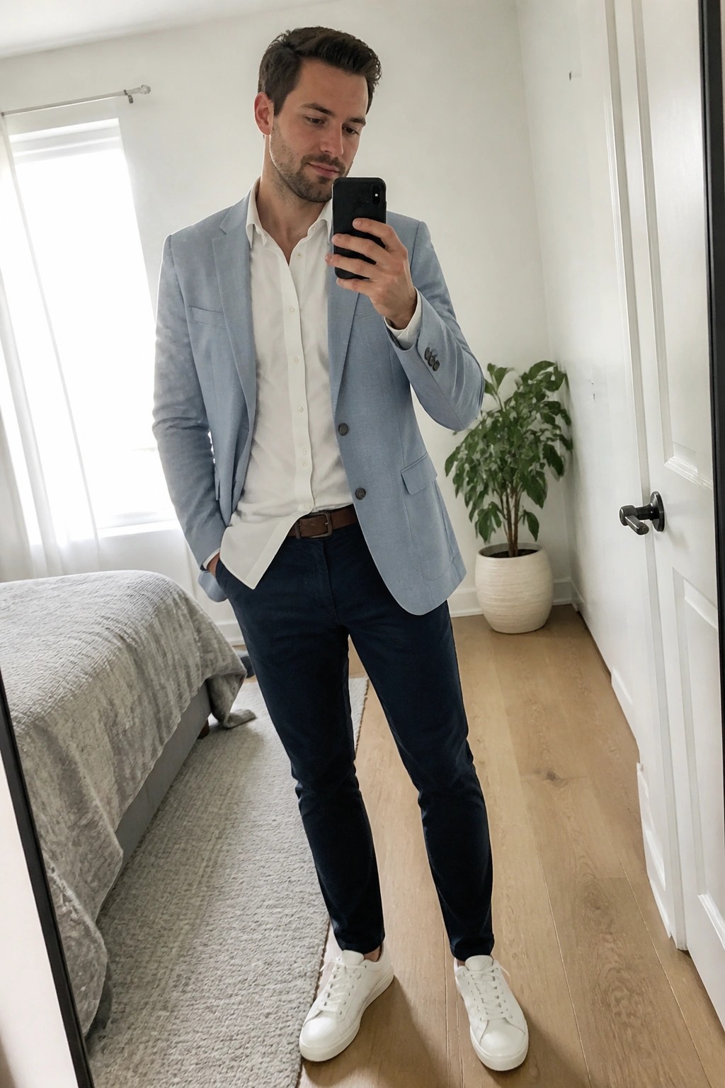Man in light blue blazer and white shirt taking mirror selfie in bedroom
