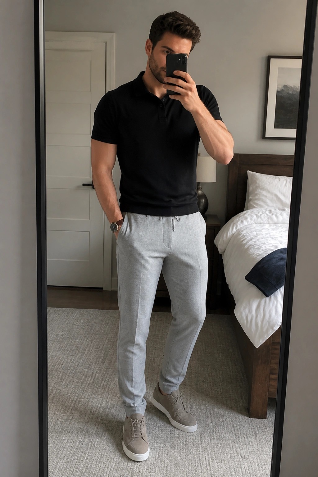 Man in black polo shirt and gray sweatpants taking bedroom mirror selfie