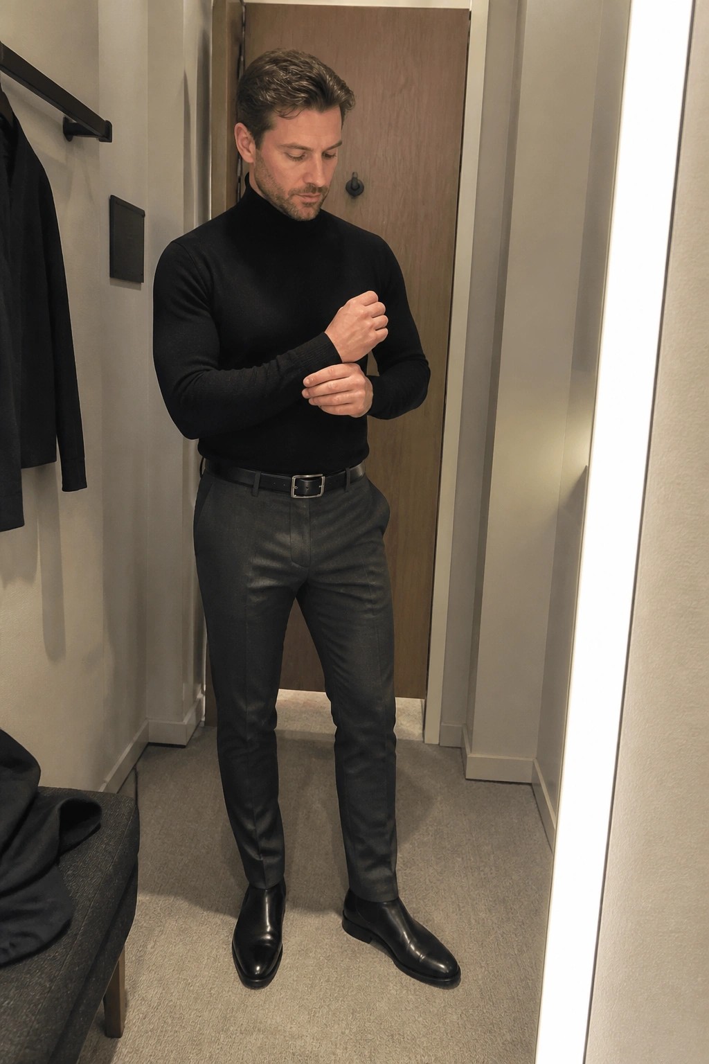 Man in black turtleneck and gray trousers adjusting sleeve in dressing room