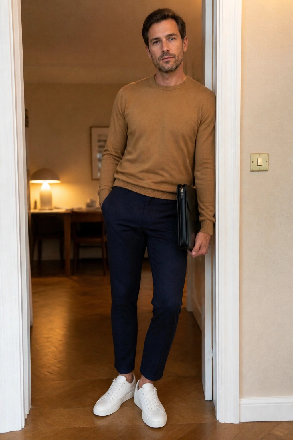 Man in tan sweater and navy pants holding black portfolio in doorway.