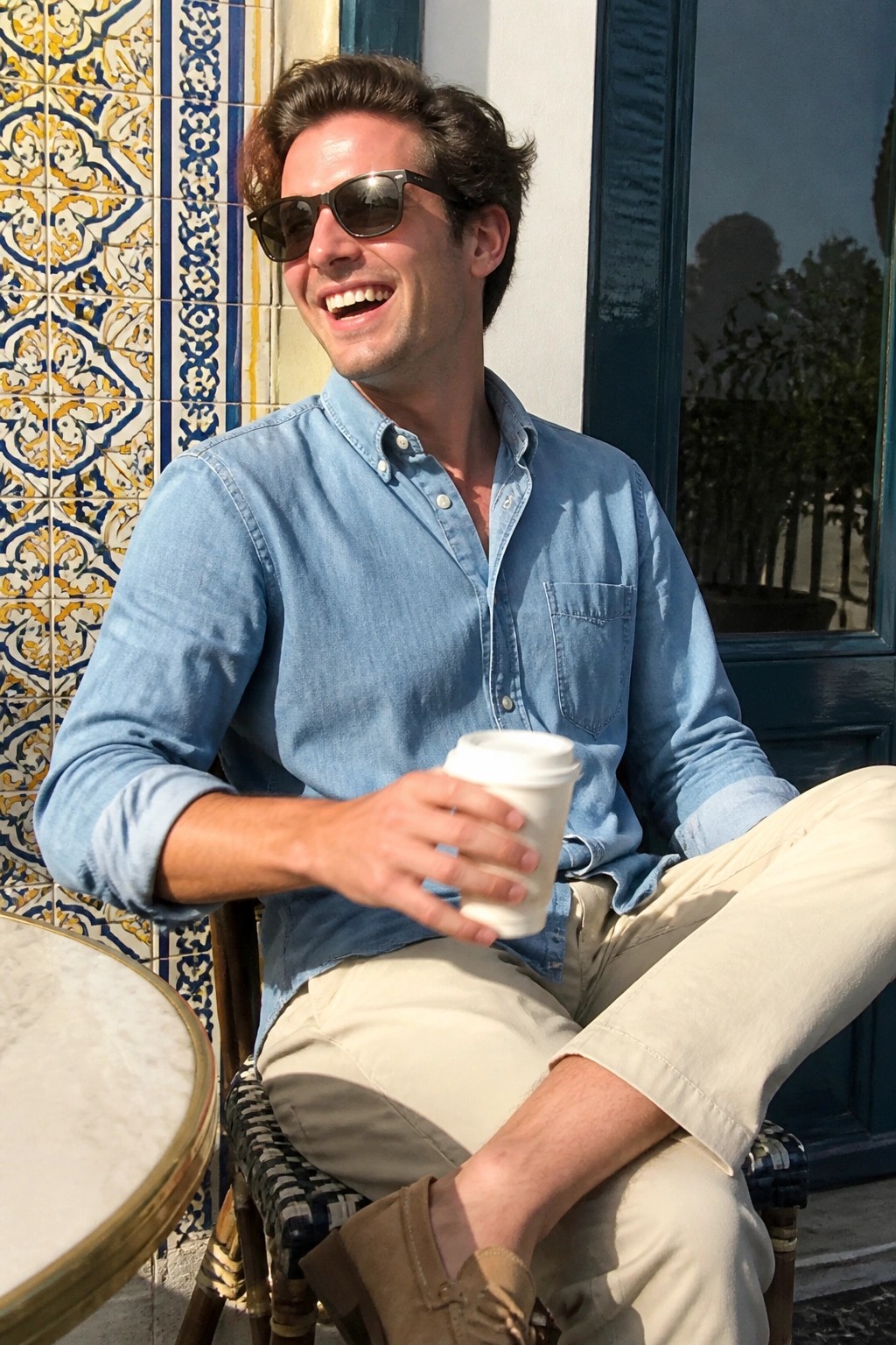 Man in blue denim shirt and sunglasses laughs while holding white coffee cup by tiled wall.