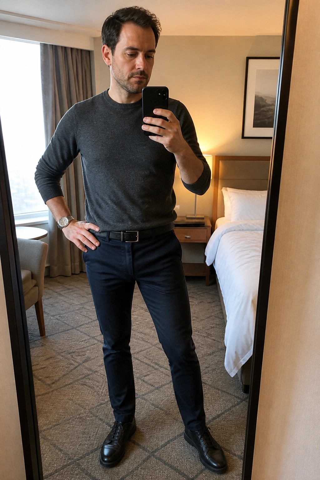 Man in gray sweater and navy pants taking mirror selfie in hotel room
