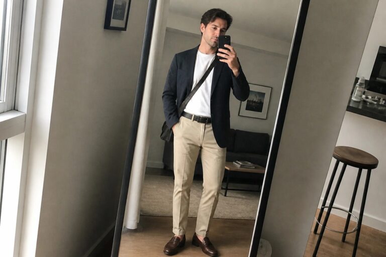 Man in navy blazer, white tee, beige pants, and brown loafers takes mirror selfie.