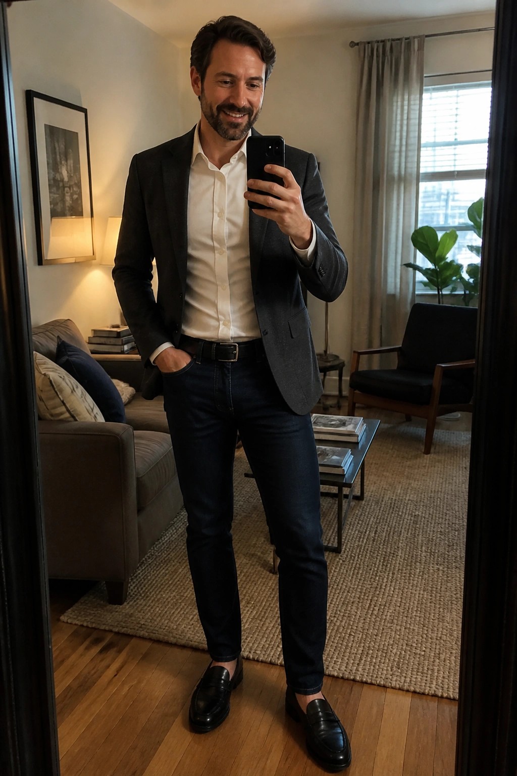 Smiling man in gray blazer, white shirt, and jeans takes mirror selfie in living room