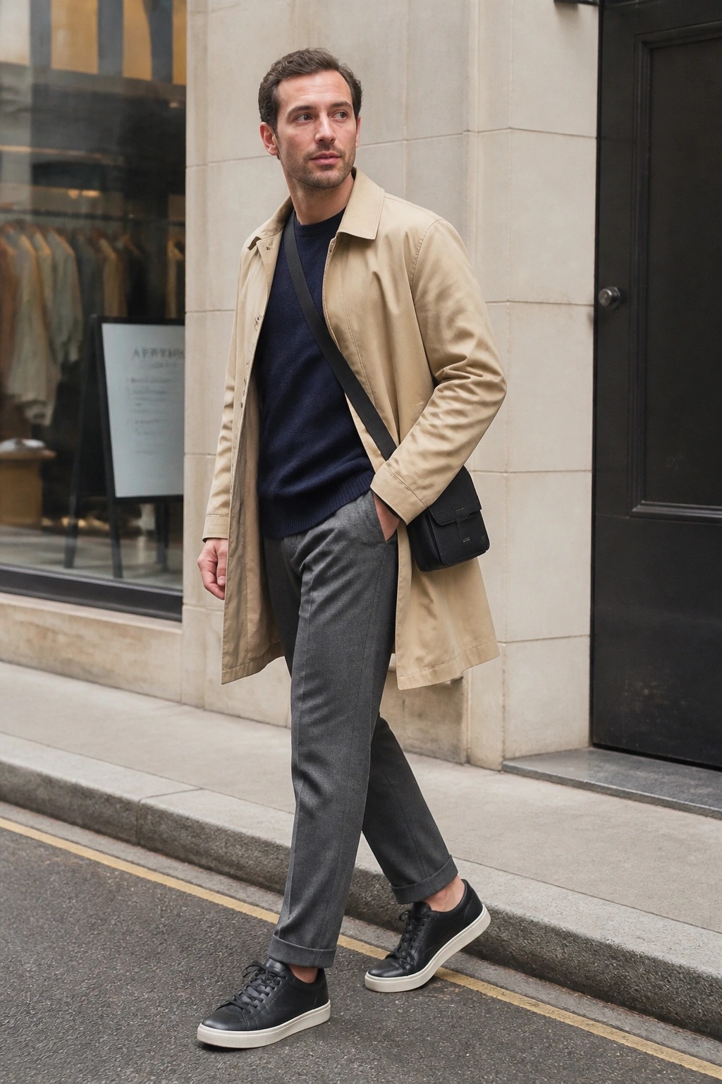 A man in a beige trench coat open over a navy sweater paired with gray trousers, black sneakers, and a black crossbody bag on a city sidewalk.