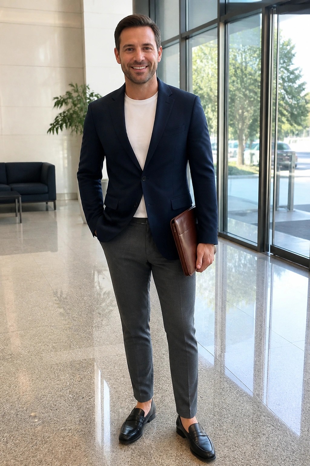 Man wearing navy blazer over white crew neck tee, gray slim trousers, black loafers, holding brown leather portfolio in modern indoor lobby setting.
