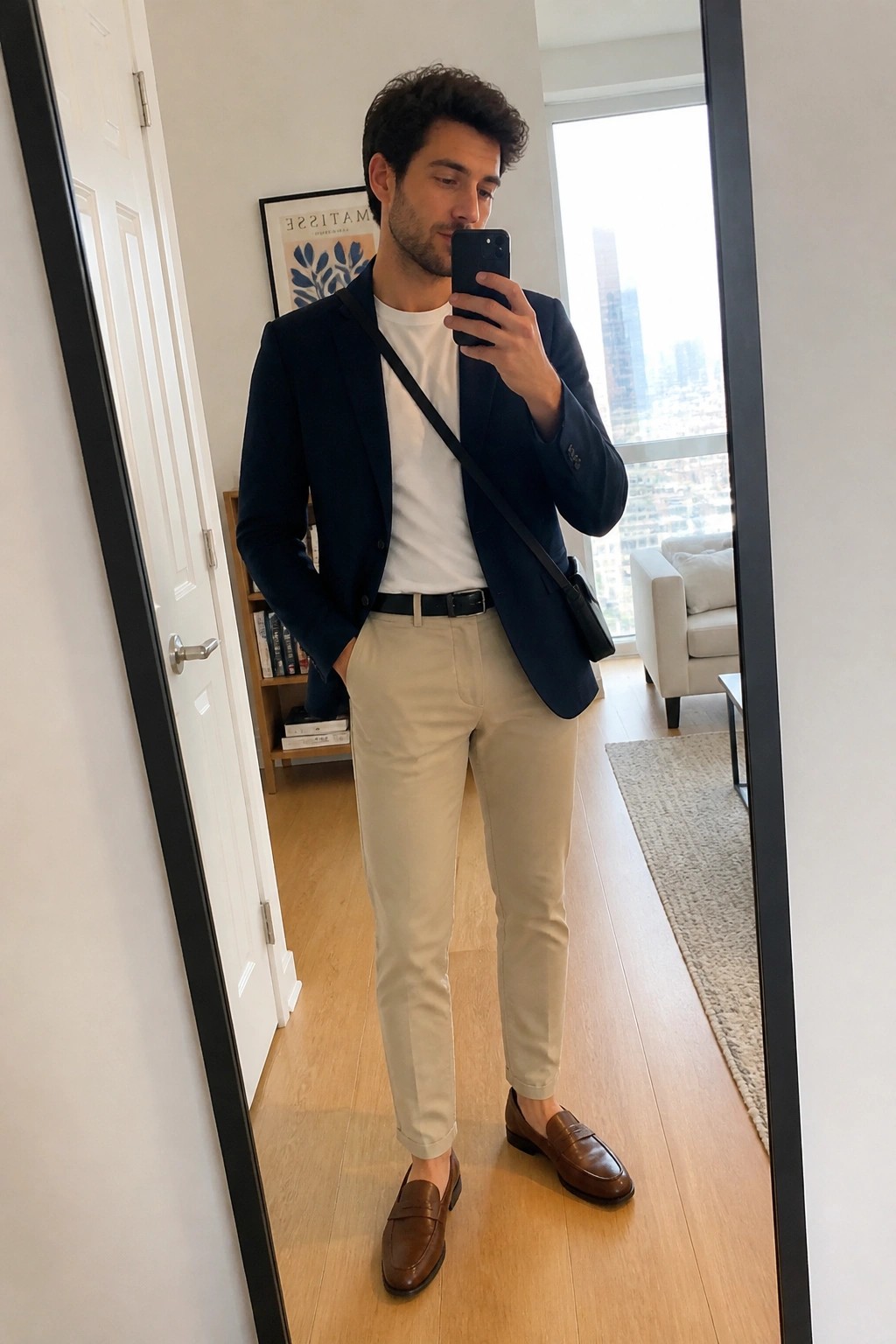 Man in navy blazer, white tee, beige pants, and brown loafers takes mirror selfie.