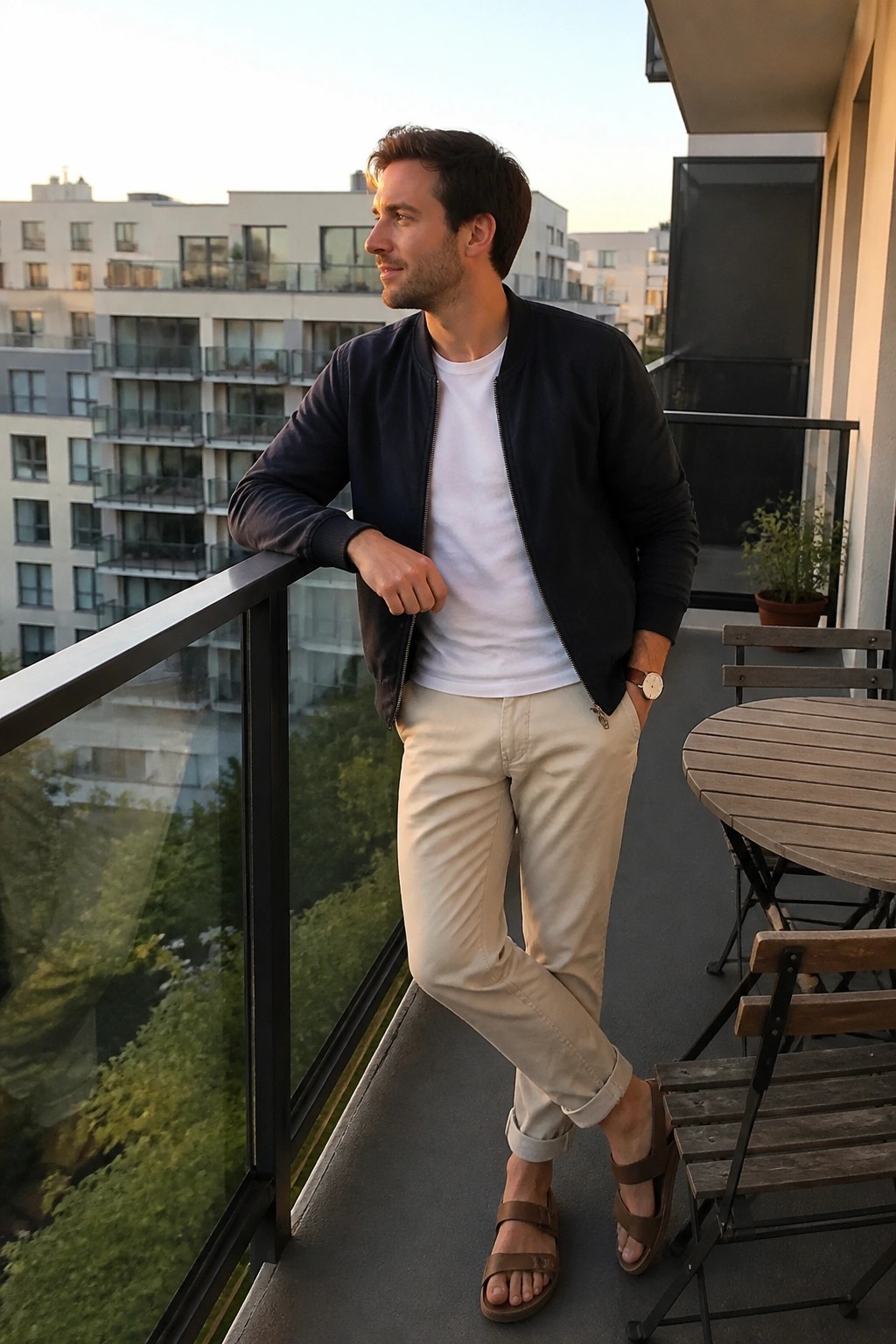 Man in navy bomber jacket and beige pants leaning on urban balcony railing