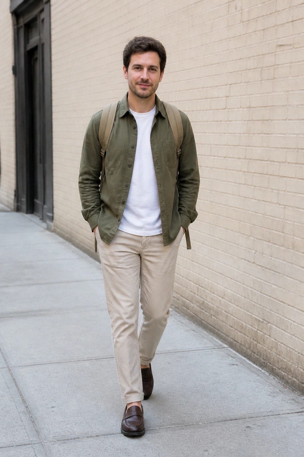 Man in green shirt and beige pants walks on sidewalk wearing backpack.