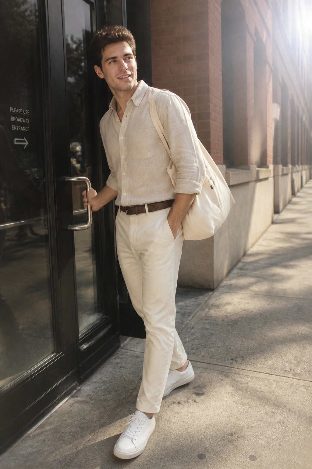 Man in beige linen shirt and white pants with tote bag by glass door.