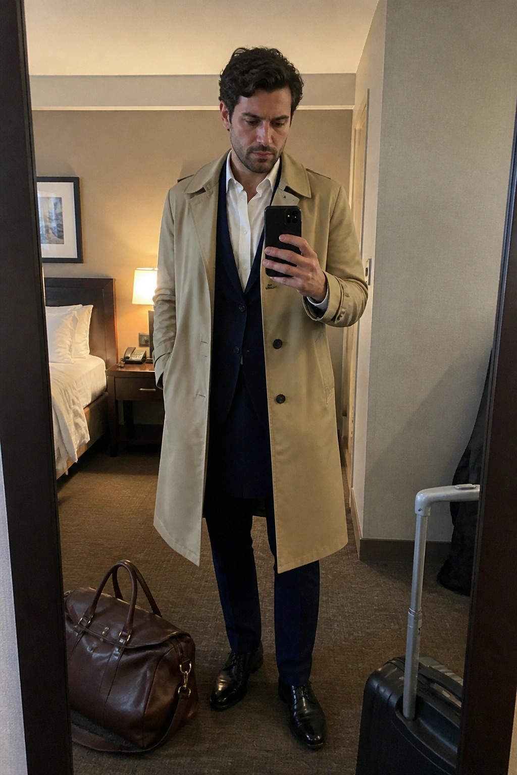 Man in beige trench coat over navy suit taking mirror selfie in hotel room