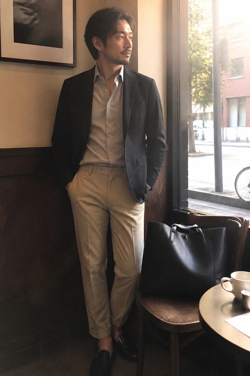 Man in navy blazer and beige shirt with trousers beside black leather bag in cafe