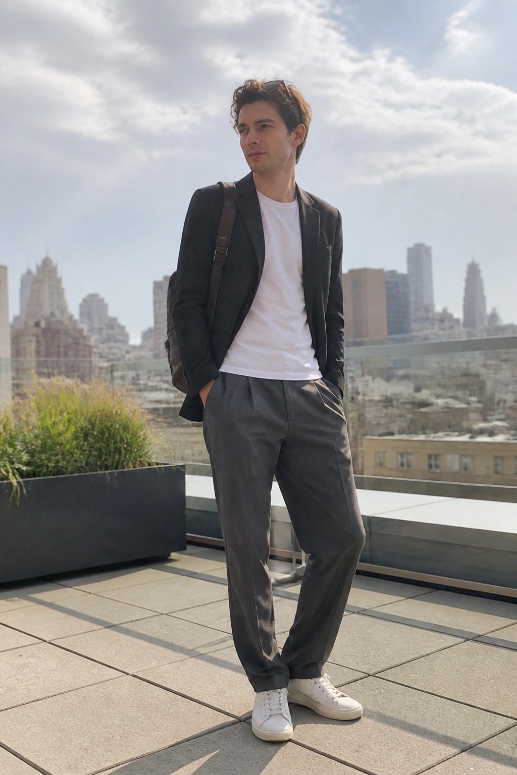 Young man in black blazer, white t-shirt, gray pants, and backpack on city rooftop