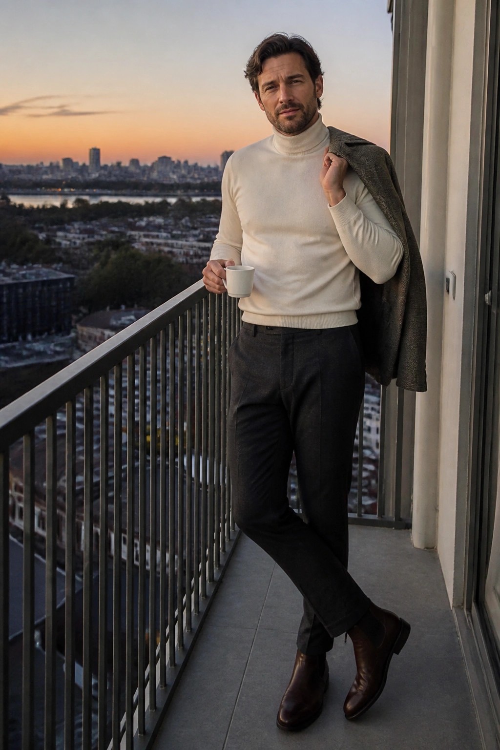 Man in cream turtleneck holding coffee, jacket over shoulder on sunset city balcony.