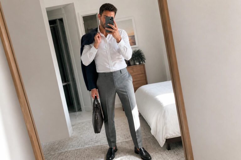Man in white shirt and gray pants holding briefcase and navy blazer for mirror selfie