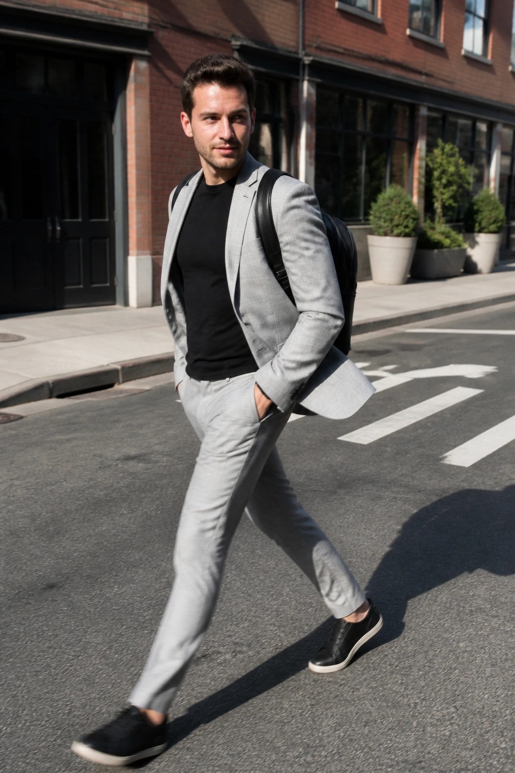 Man in light gray suit with black t-shirt and backpack crossing city street