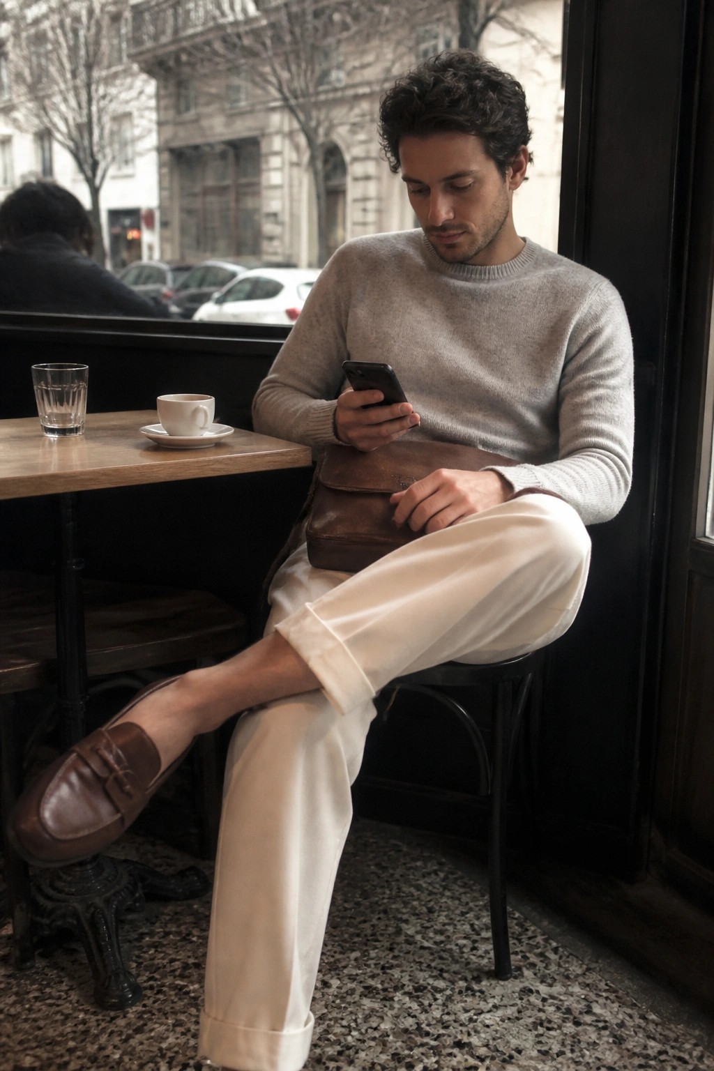 Man in gray sweater and white pants checks phone in cafe with leather bag