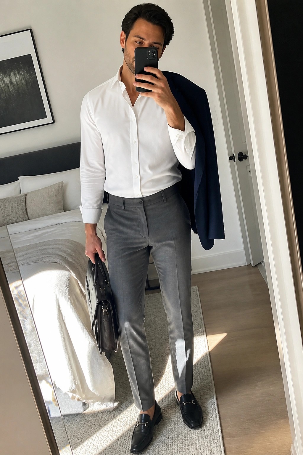 Man in white shirt and gray pants holding briefcase and navy blazer for mirror selfie