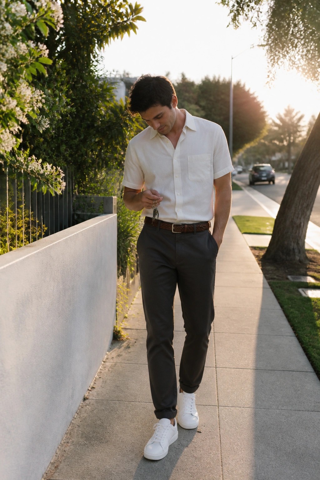 Man wearing a white short sleeve button down shirt tucked into dark gray trousers with a brown woven belt and white sneakers while holding keys on a sidewalk.