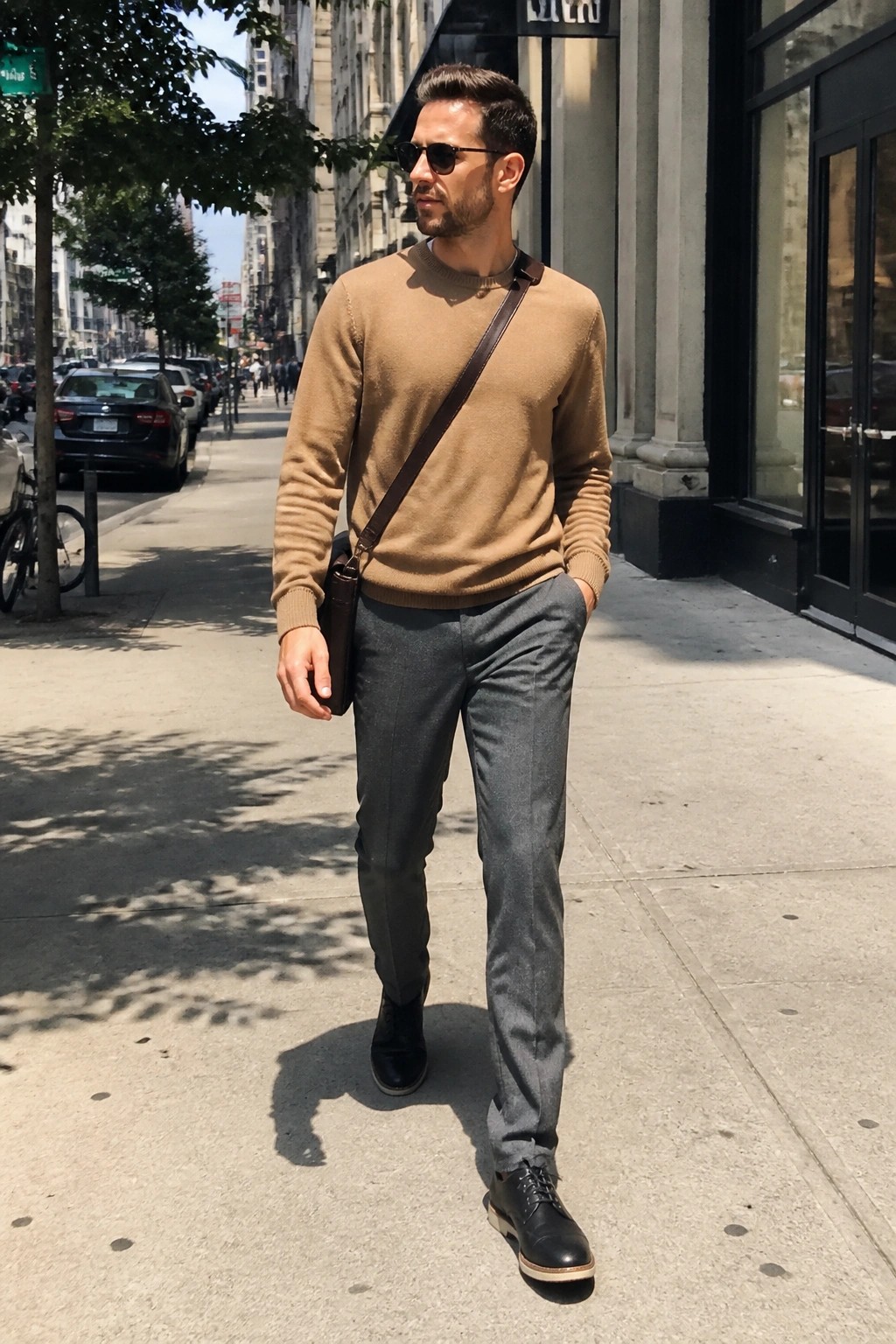 Man in tan sweater and gray pants with brown leather bag on sunny city sidewalk