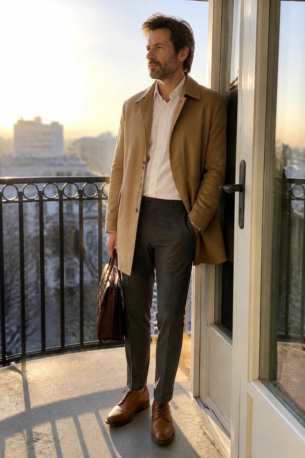 Man in tan leather jacket holding briefcase on city balcony at sunset