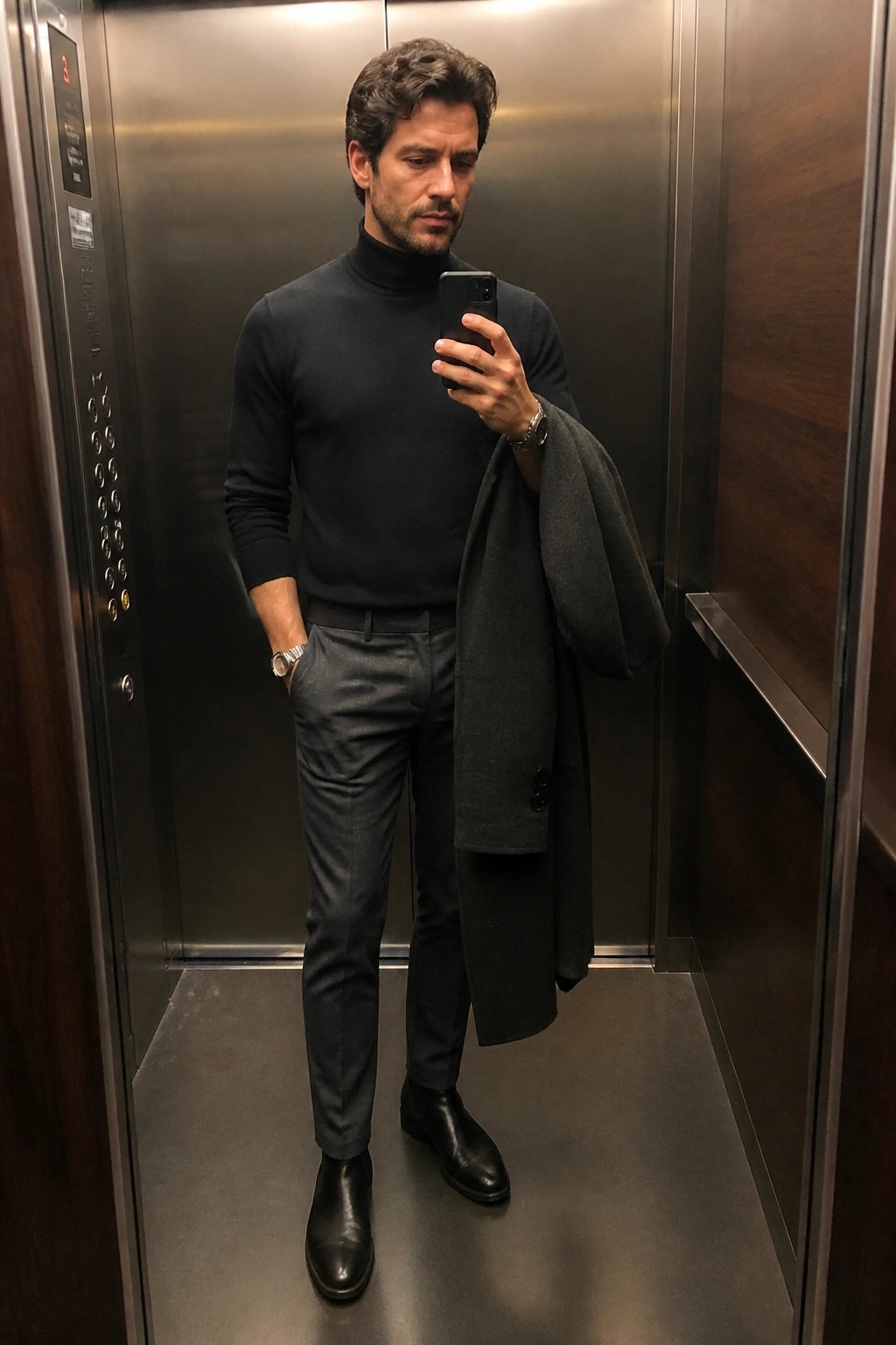 Man in black turtleneck takes selfie in elevator while holding gray coat