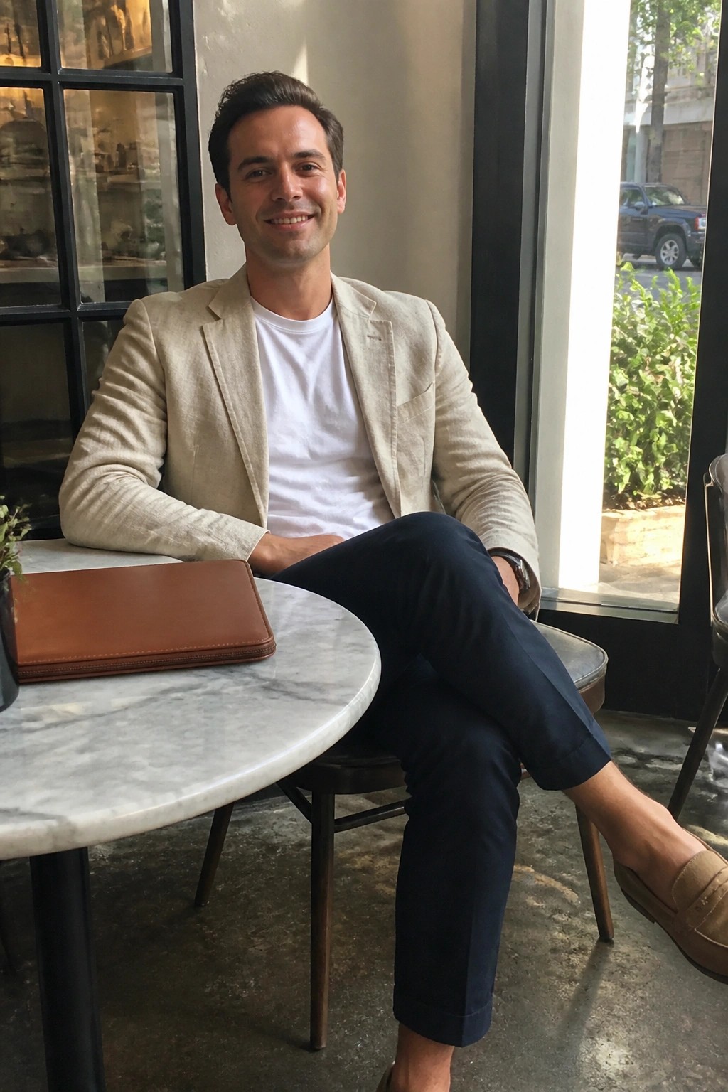Man in beige blazer over white tee with navy pants at marble cafe table