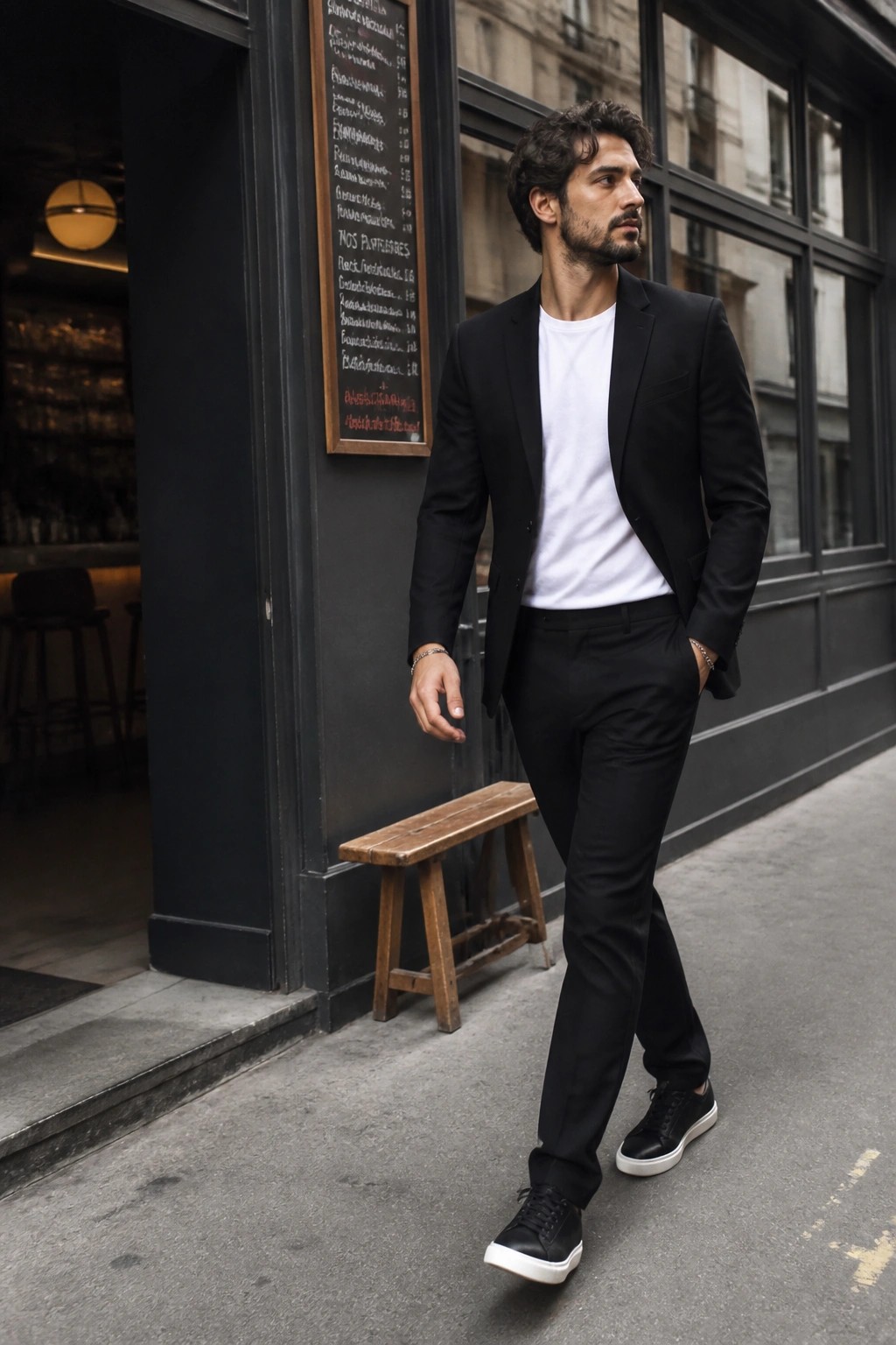Man in black suit jacket over white t-shirt walks past cafe chalkboard.