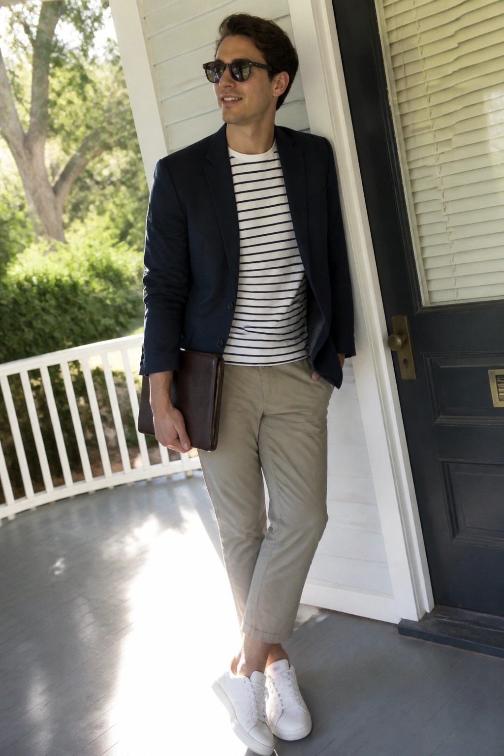 Man in navy blazer over striped tee with khaki pants holding leather portfolio on porch