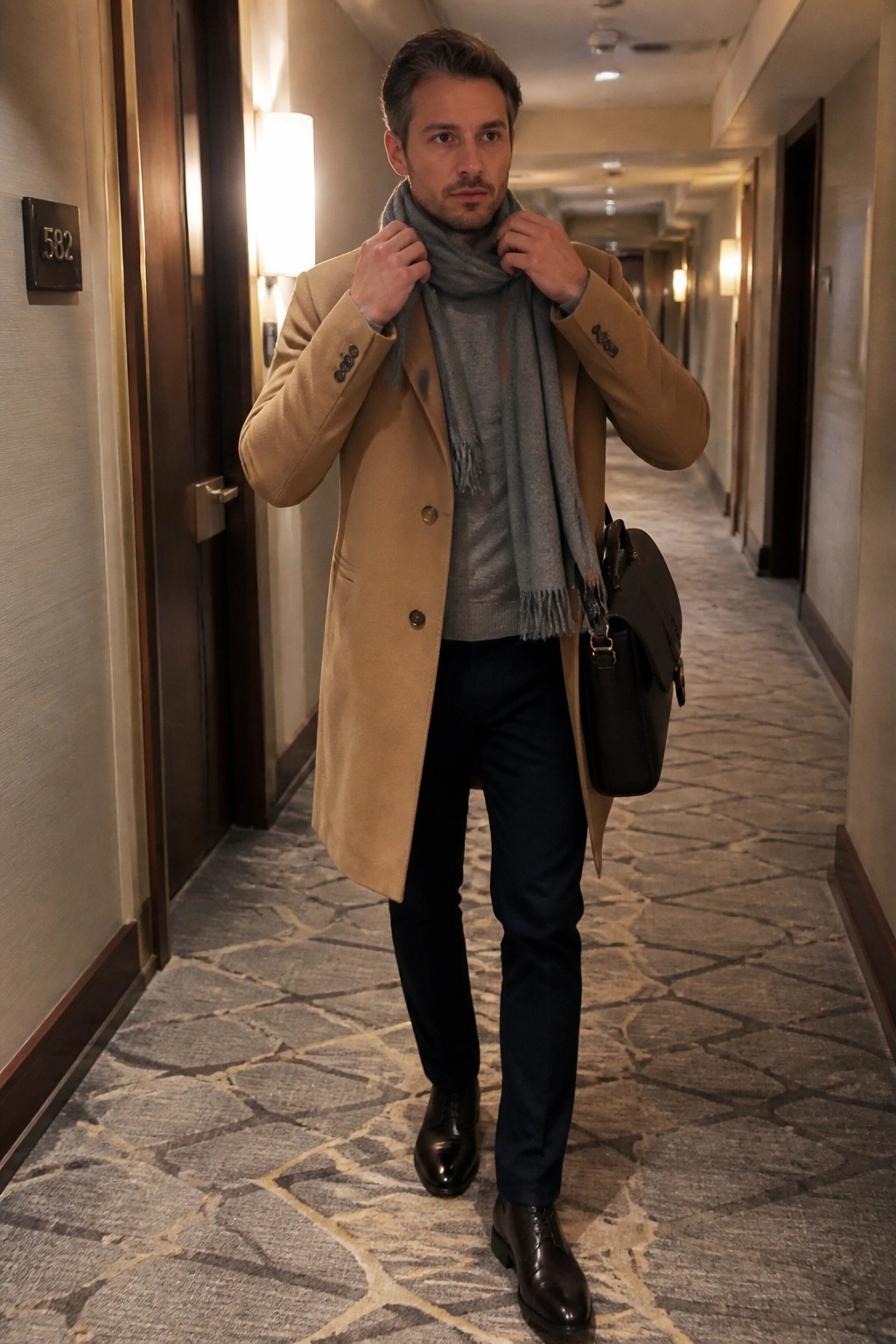 Man in tan overcoat adjusts gray scarf while carrying black bag in hallway