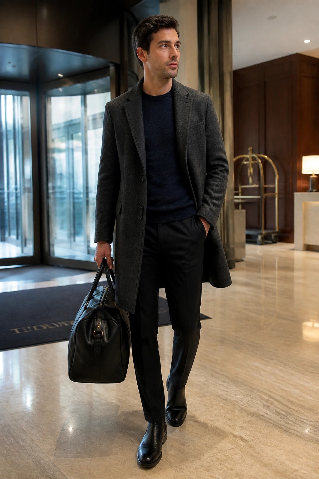 Man in gray overcoat carrying black leather bag in hotel lobby
