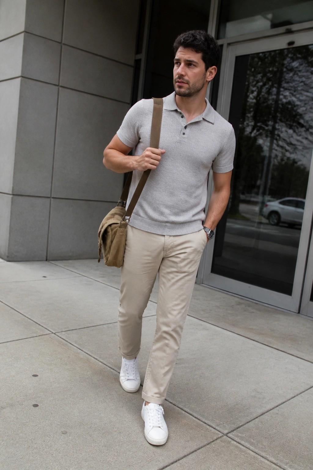 Man in gray polo shirt and beige pants with brown messenger bag on sidewalk