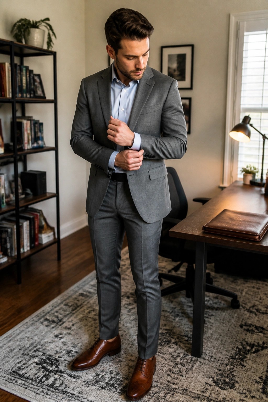 Man in gray suit jacket and matching pants with light blue dress shirt and brown leather wingtip shoes adjusting his sleeve in an office setting