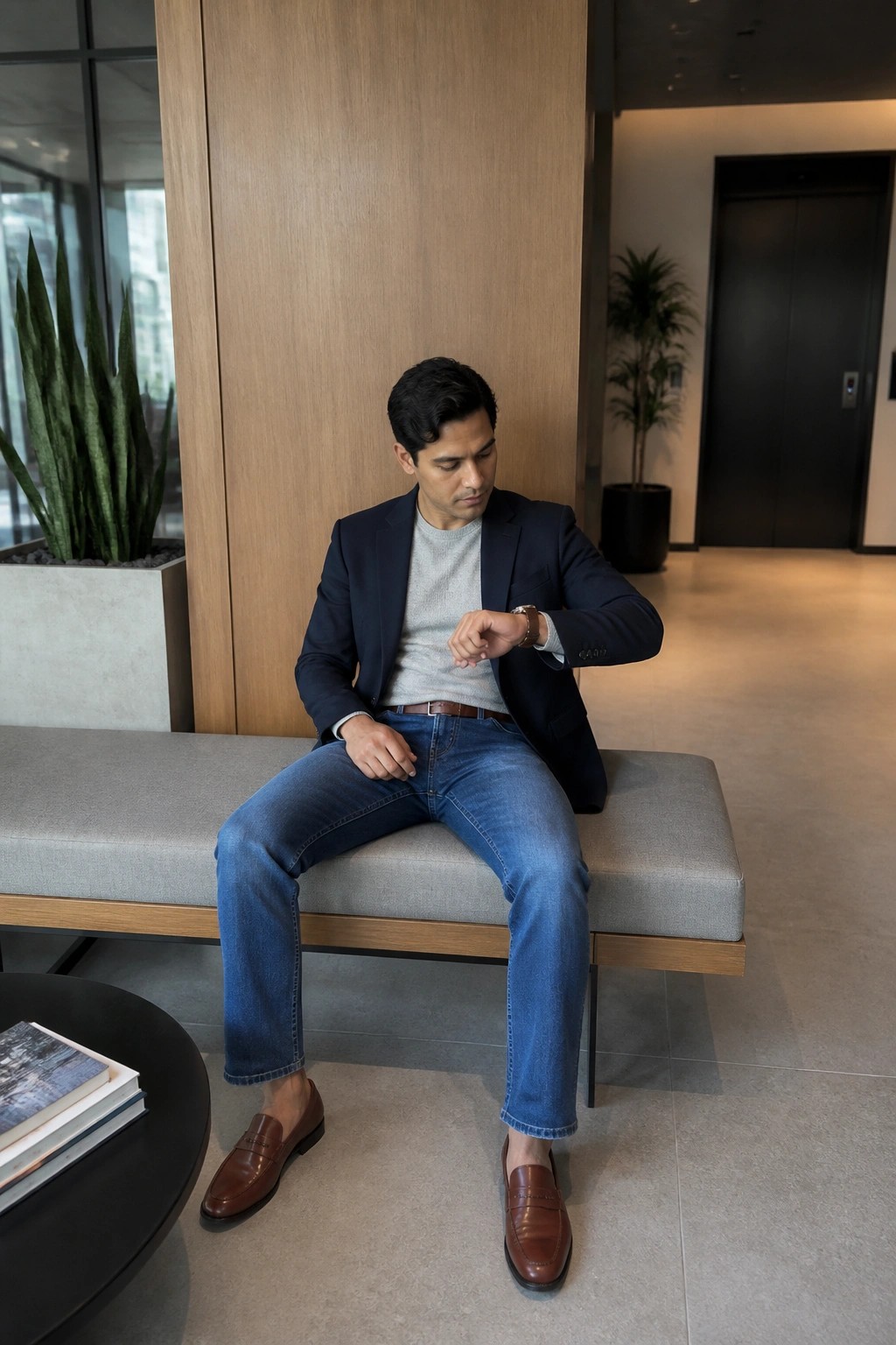 A man in a navy blazer over a gray sweater paired with blue jeans and brown loafers sits on a bench while checking his watch.