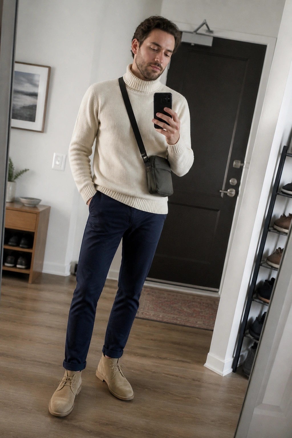 Man in cream turtleneck sweater and navy pants taking selfie with crossbody bag.