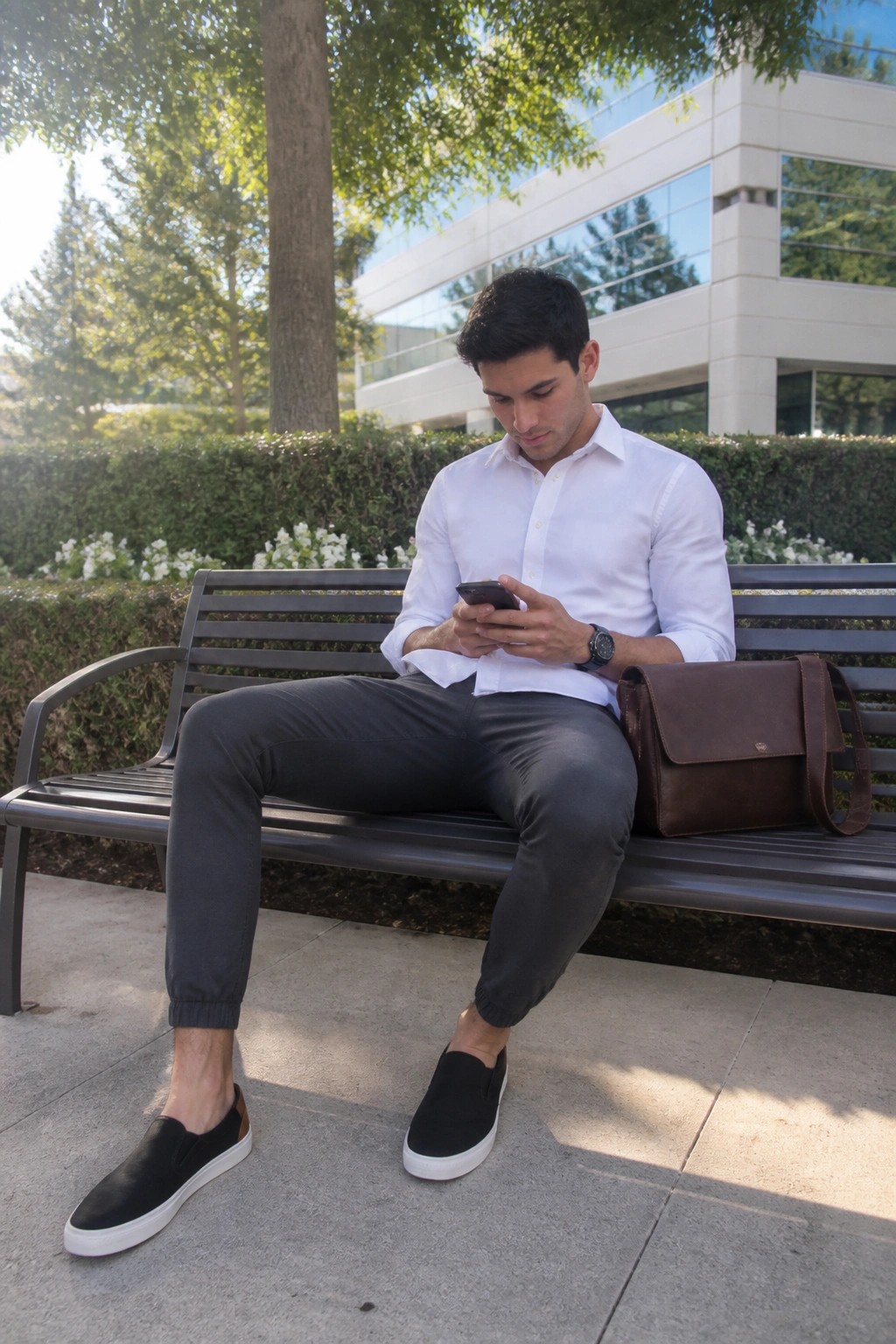 Man in white shirt and dark pants checks phone on bench beside brown leather bag