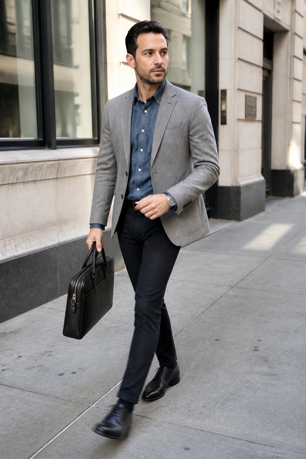 Man in gray blazer over blue shirt carrying black briefcase on city sidewalk