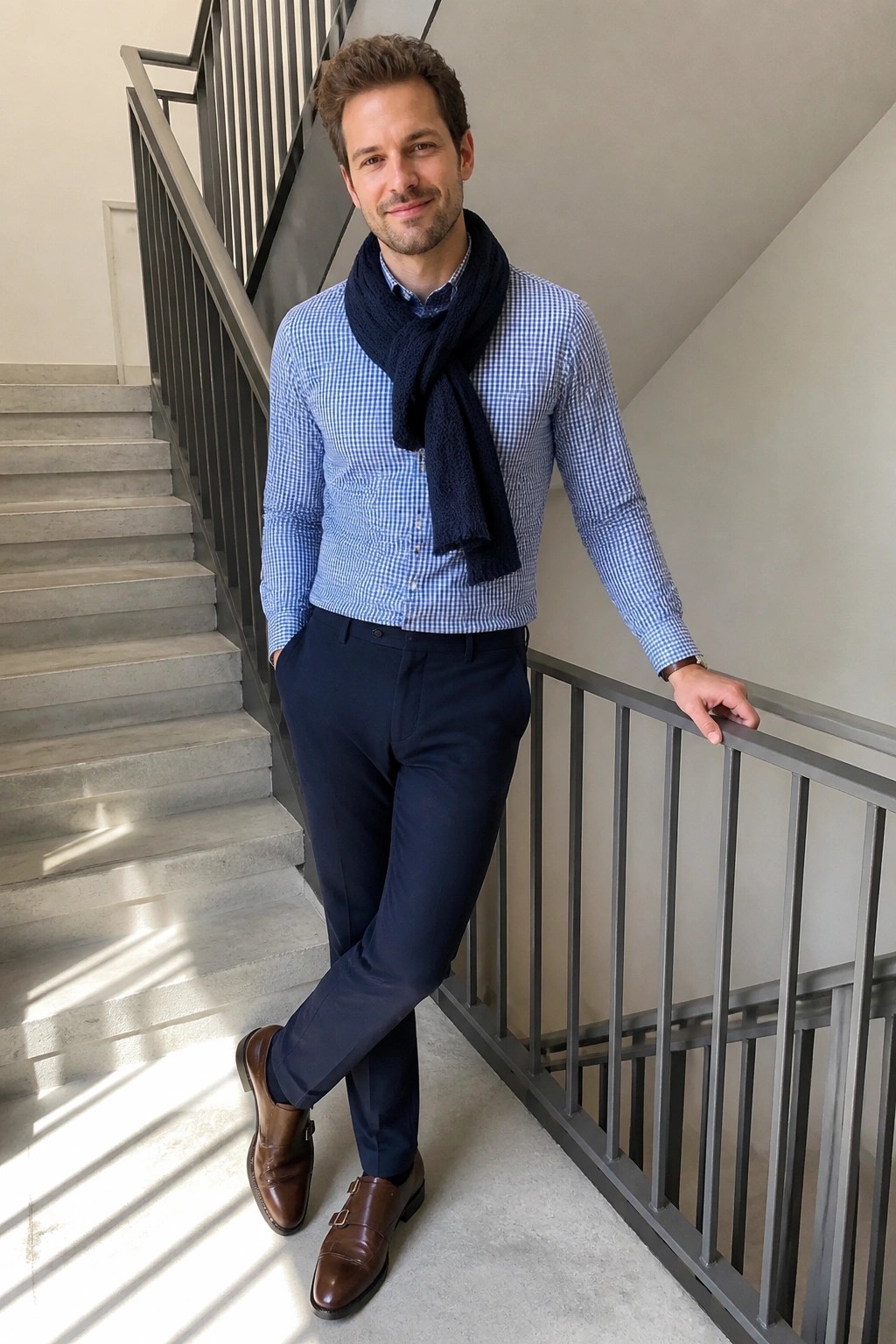 Man in blue checkered shirt and navy scarf leaning on stair railing
