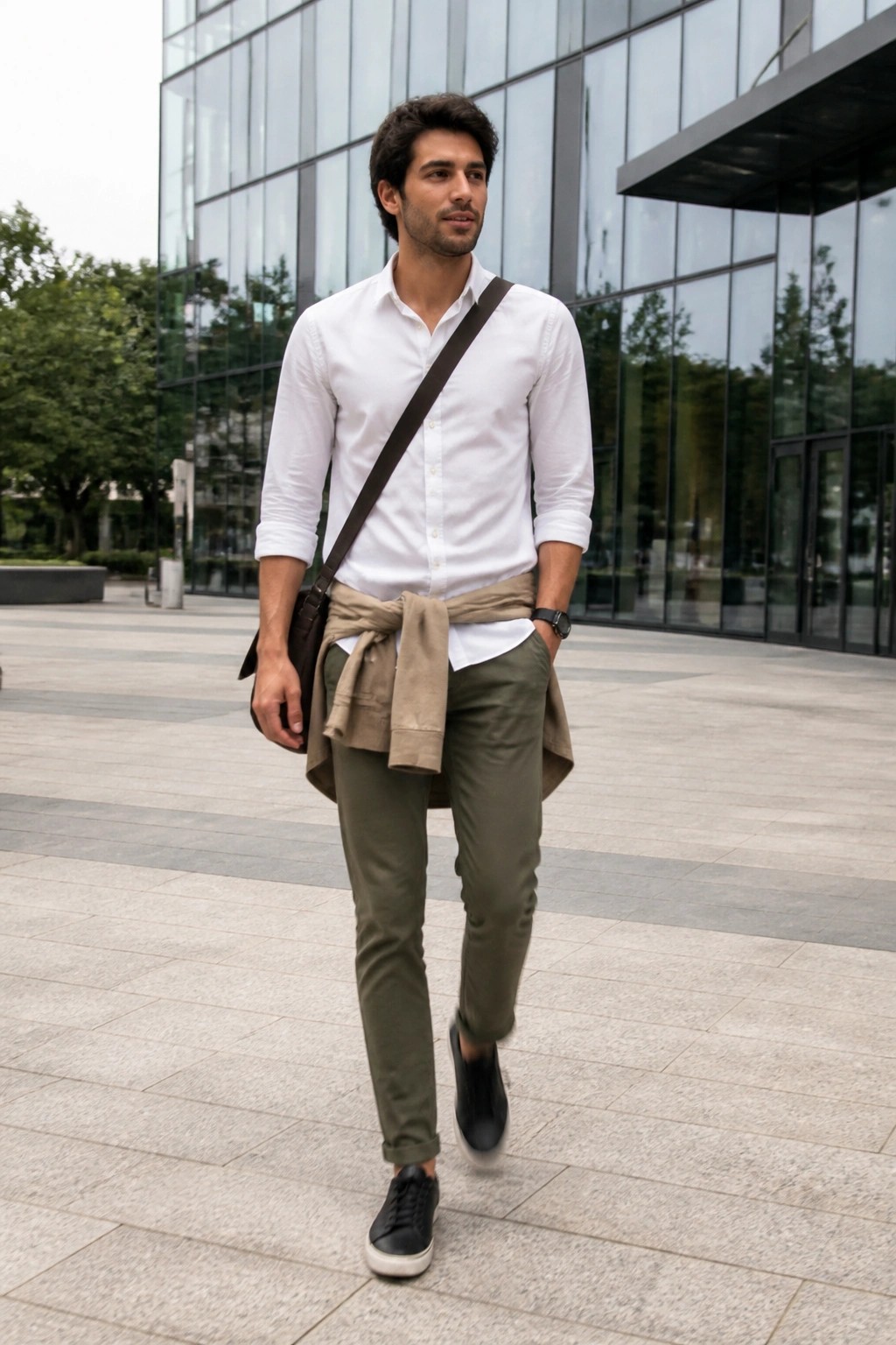 Man in white shirt and olive pants with tied jacket and messenger bag by glass building