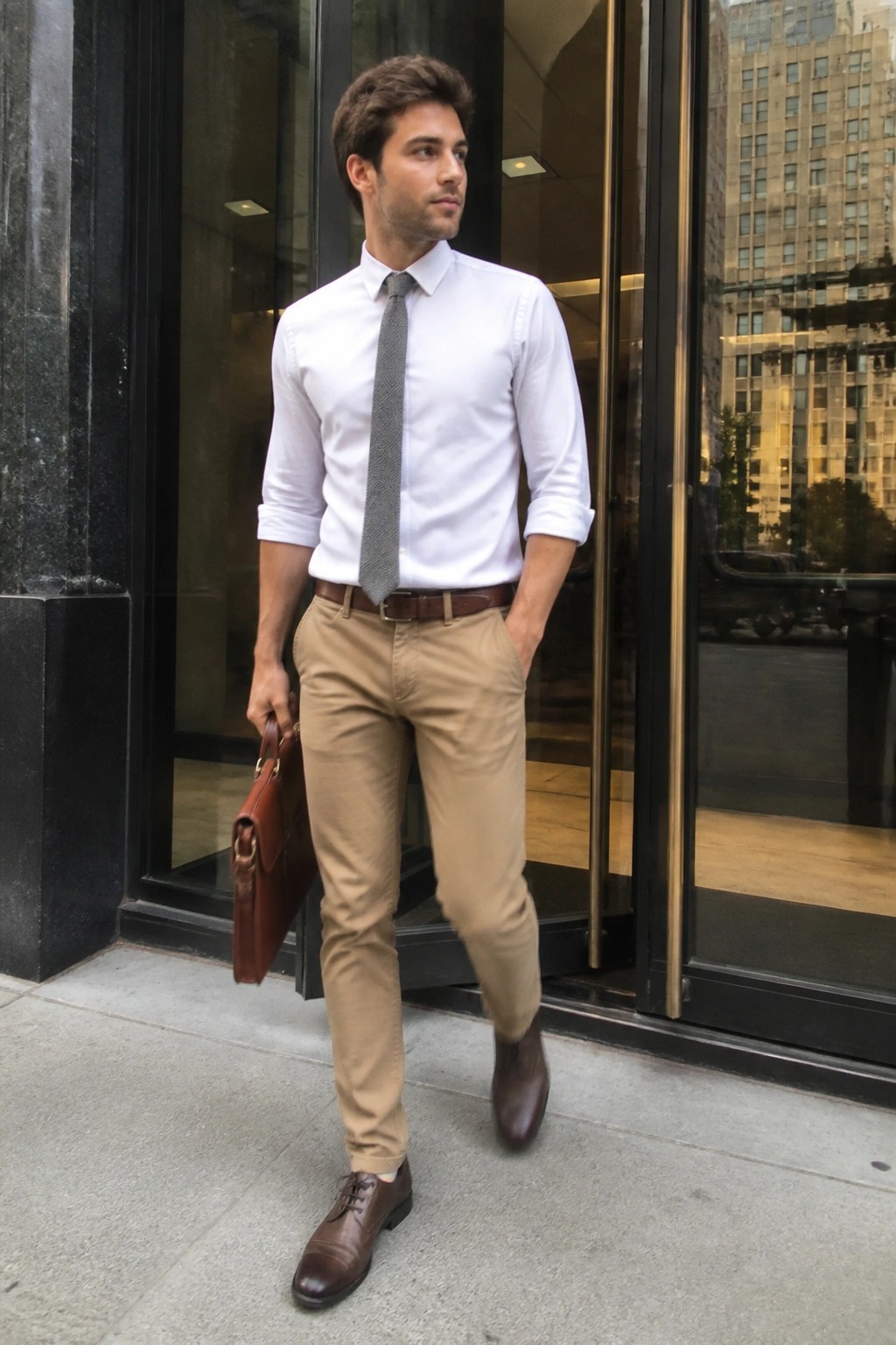 Man in white shirt, gray tie, khaki pants holding brown leather briefcase on sidewalk.