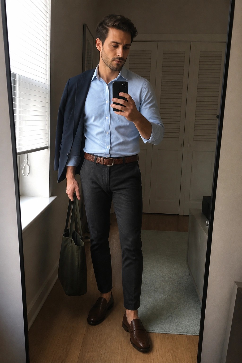 Man in light blue shirt and blazer taking mirror selfie with green tote bag