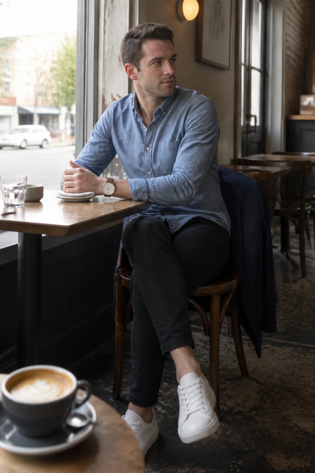 Man in blue denim shirt seated by cafe window with coffee and water glass