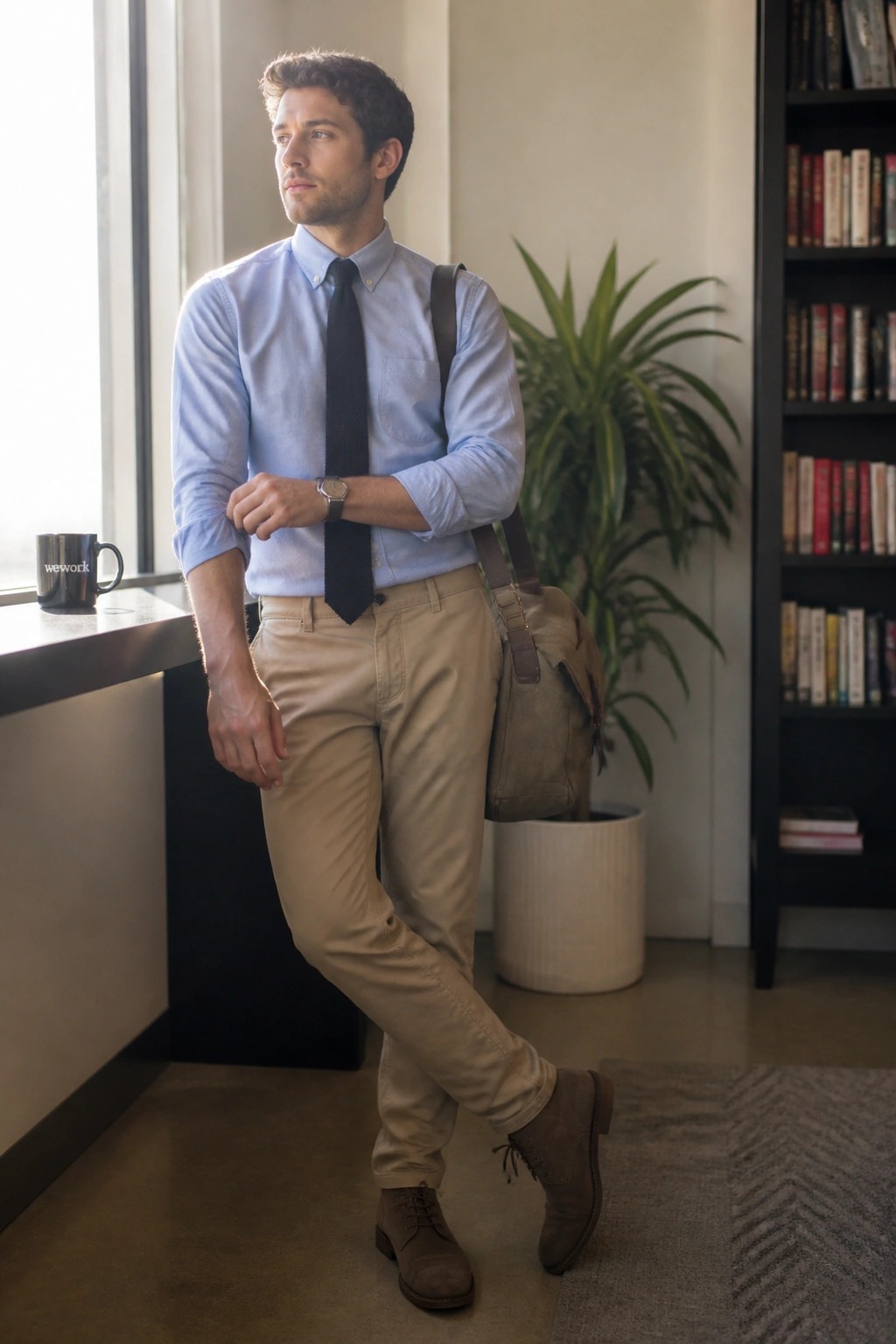 Man in light blue shirt, black tie, khaki pants with leather bag in bright office