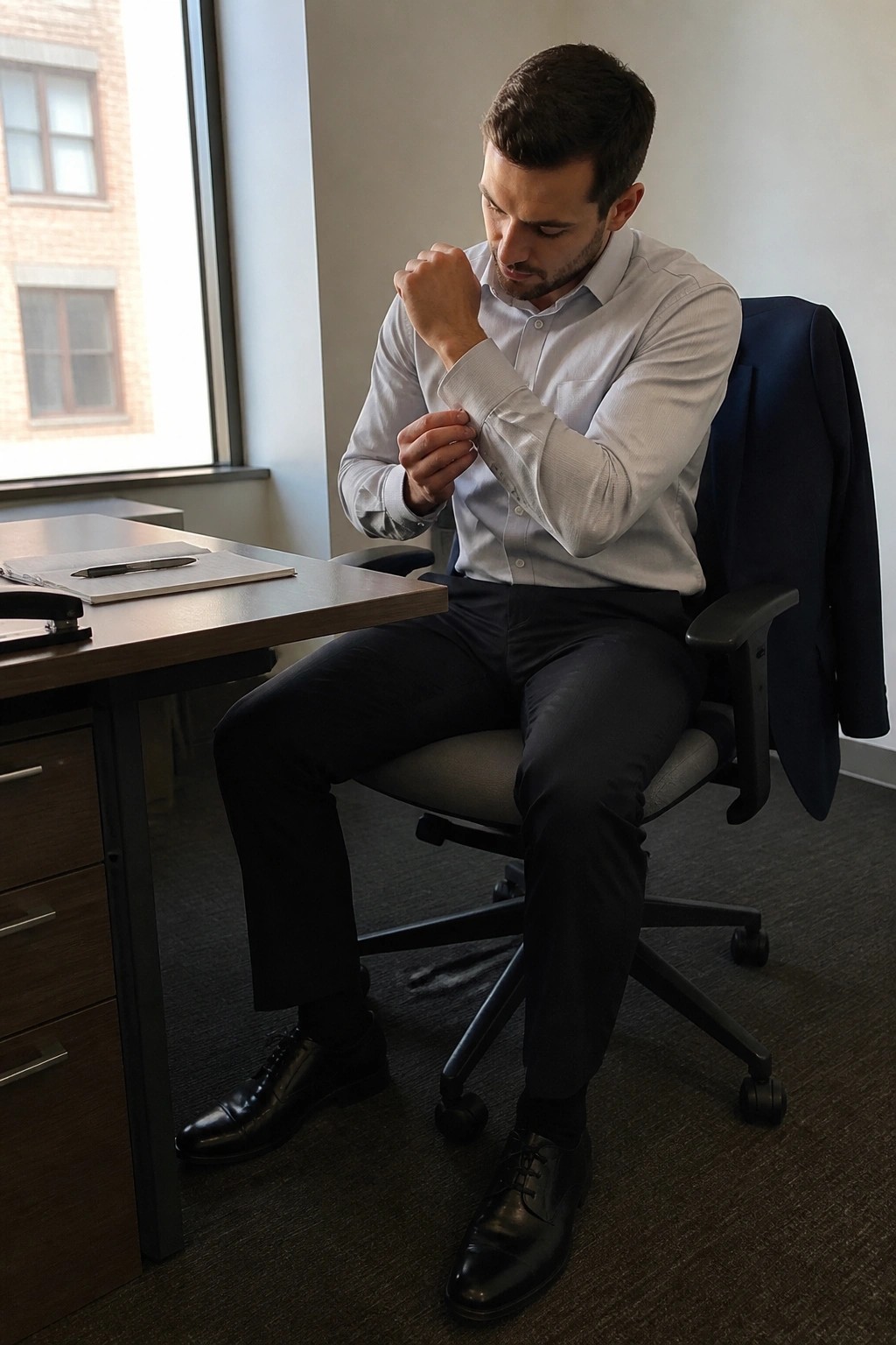 Man in light blue shirt adjusts cuff while seated at office desk